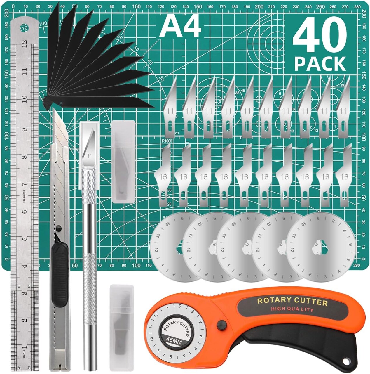 Rotary Cutter Set, Rotary Cutter for Fabric, 40 Pcs Fabric Cutter Wheel Kit, with A4 Gridded Cutting Mat, 1 Craft Knife, Steel Rule, 2 Different Models Exacto Knifefor Sewing, Quilting, Crafts Fabric